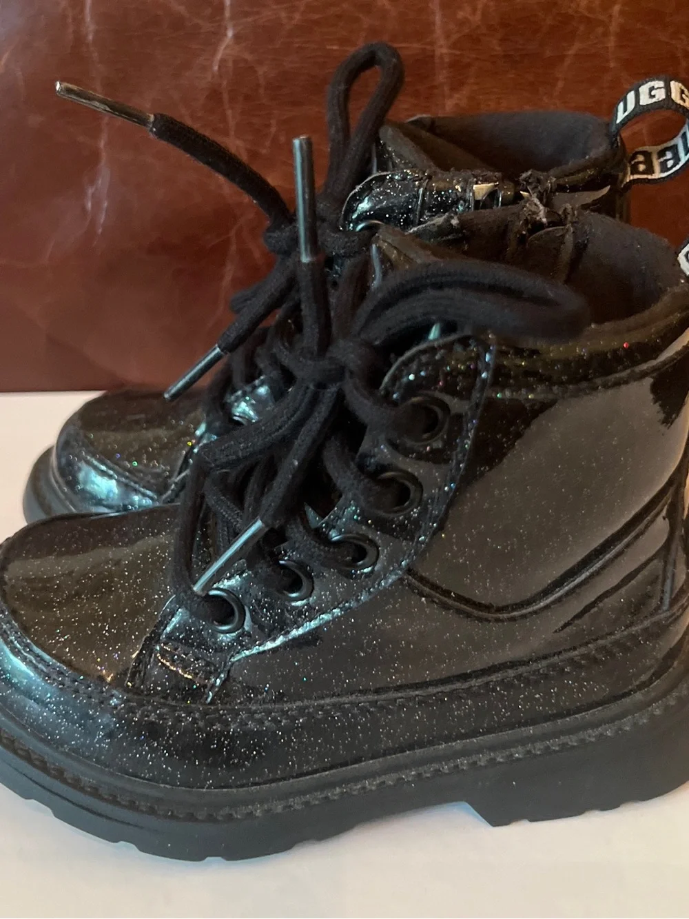 UGG Kids Black Robley Glitter Combat Lace Zipper Boots Sz 8